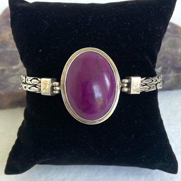 Sterling Silver 925 Purple Stone Dyed Howlite Chunky Byzantine Chain Bracelet - Picture 5 of 16